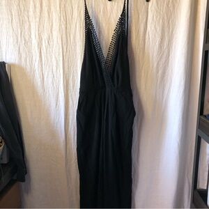 Reverse pants jumpsuit black v neck ball lace detail adjust. Straps side zip M
